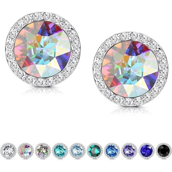 Sterling Silver Crystal Stud Earrings Round Rhinestone Halo Bridal Jewelry - Picture 1 of 7